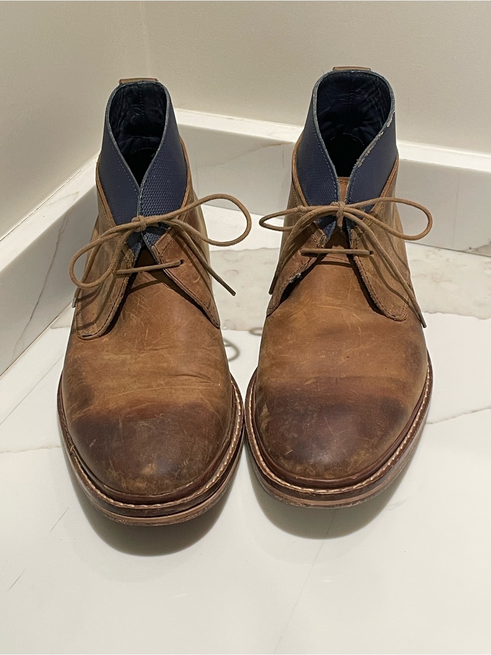 Cole Haan Brown Leather Chukka Boots with Navy Collar